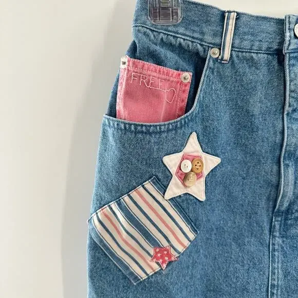 Vintage Denim Patchwork 100% Cotton Skirt Size 6 Cottagecore Patriotic Style - Picture 5 of 9